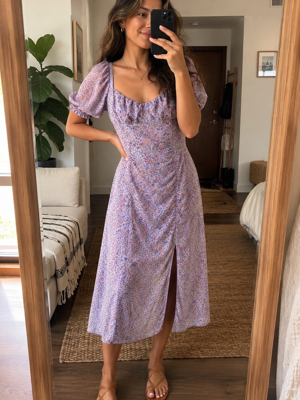 NWT Rihoas Lavender Floral Cottagecore Midi Dress Open Back M Wedding Milkmaid